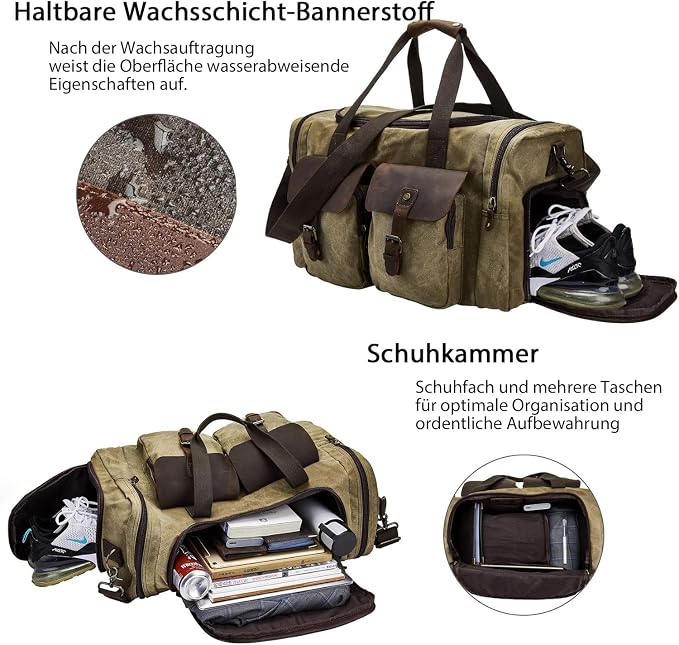 Waxed Canvas Duffel Bag with Shoe Compartment | Waxed Canvas Travel Bag for Men, Genuine Leather Trim, Shoe Compartment, Front Pockets, Weekend, Overnight and Carry-On Use - Image 5