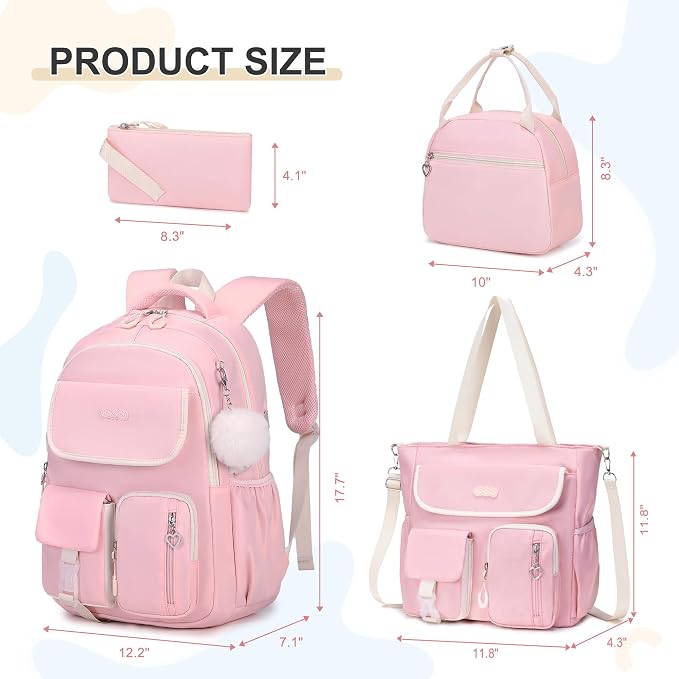 DIGOBAY Backpacks for Girls, 4PCS School Girls Backpack with Tote Bag Lunch Box Pencil Pouch for Teen Kids Elementary Primary Middle High College Travel School bag Bookbag Set, Pink - Image 2