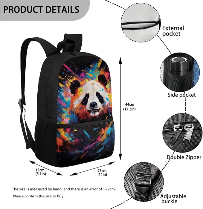 Splatter Oil Panda Print Backpack Set Large Capacity Bookbag Lunch Box Pencil Case College Book Bag with Zipper Pockets 17 Inch Travel Bag Student Rucksack Daypack - Image 2