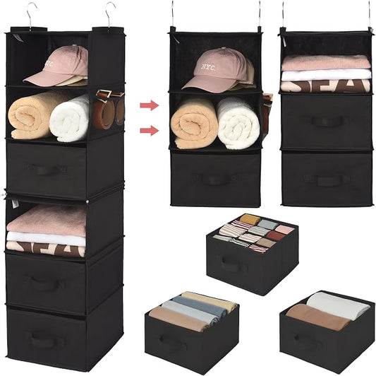 GRANNY SAYS 6-Shelf Hanging Closet Organizers and Storage, Separable to 2 Pack 3-Shelf Closet Hanging Organizer with 3 Drawers, 4 Side Pockets Hanging Shelves for Closet, Nursery, Black by GRANNYSAYS