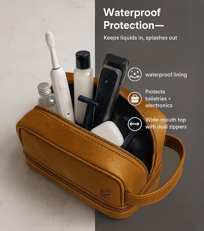 RUSTIC TOWN Leather Toiletry Bag - Waterproof Ditty Kit for Men and Women, Travel Organizer for Full-Size Essentials, TSA Approved - Image 5