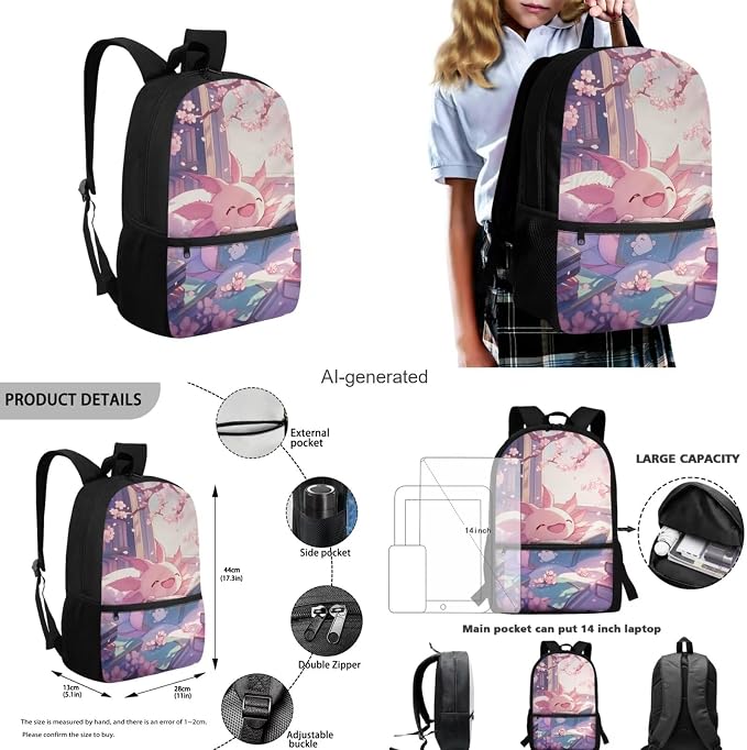 Cute Axolotl Backpack for Girls Kids Backpack with Lunch Box Water Bottle Holder with Strap and Large Pencil Case 4Pcs Set Bookbag with Front Pocket for School 17" Sturdy Elementary School Bag - Image 3