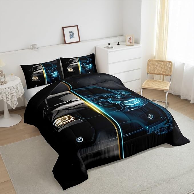 Erosebridal Kids Race Car Comforter Set Queen Size for Child Girls Boys Speed Sports Car Bedding Set, Teens Youth Extreme Sport Bedding Comforters Automobile Duvet Sets Bedroom Decor, Blue Black - Image 4