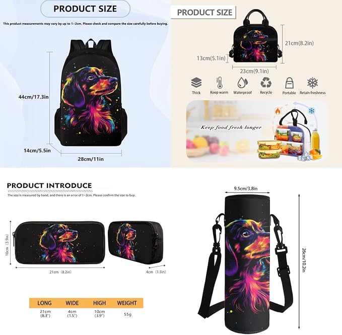 School Backpack 4 Pcs Set Include Insulated Lunch Bag and Pencil Box and Water Bottle Bag, Dachshund Painting School Bookbag Outdoor Travel Bags Casual Daypack for Teens - Image 7