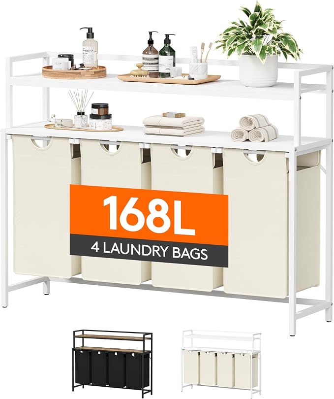 Lifewit Laundry Hamper 4 Section, 168L Pull out Laundry Clothes Basket Organizer with Large Top Shelf and 4 Removable Bags and Handles for Laundry Room Bedroom Bathroom, White with Shelves by Lifewit
