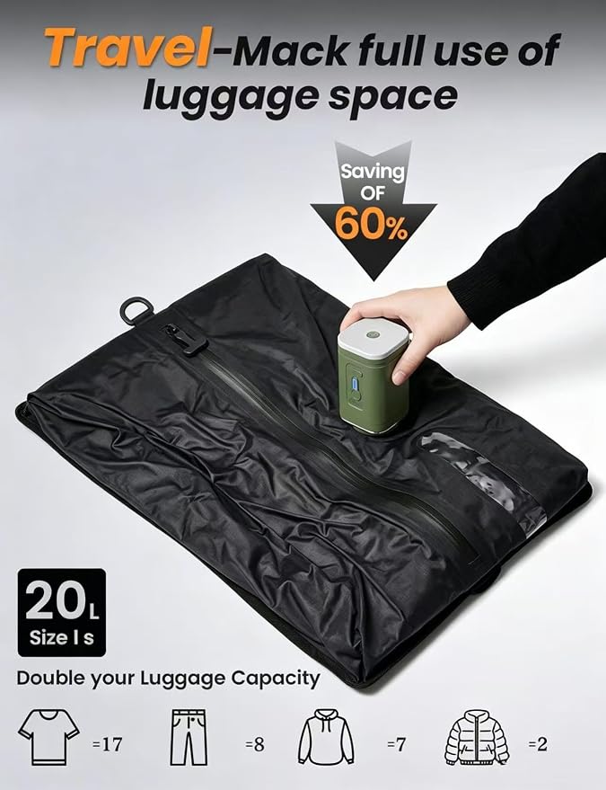 12 Pack Travel Vacuum Bags with Rechargeable Pump, 10 Clear PA and PE Compression Bags and 2 Black 18L TPU Pouches, Vacuum Seal Bags for Clothes, Luggage, Suitcase and Closet Storage - Image 4