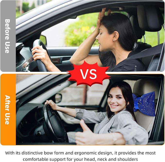 4 PCS Bling Car Pillows,Rhinestones Bowknot Car Headrest Pillow, Blue | Car Neck Pillow for Driver Relax Neck Support,Sleeping Travel Support Neck Pillow,Diamond Interior Accessories for Women - Image 5