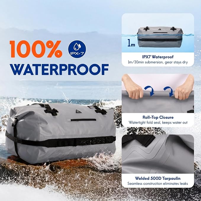 Haimont IPX7 Waterproof Roll-Top Dry Duffel Backpack | 60L/90L Sizes, 500D Tarpaulin, Welded Seams, Mesh Pockets, Boating & Kayaking - Image 2