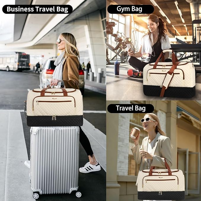 Wogarl 3PCS Weekender Bags for Women Large Overnight Bag Weekend Travel Duffel Bag Carry on Shoulder with Shoe Compartment Canvas Toiletry Bag for Travel Business Gym,Black White - Image 6