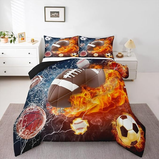 Erosebridal Football Comforter Set Queen Rugby Sports Bedding Set for Teen Boys Kids,Soccer Basketball Baseball Comforter Red Blue Water Fire Lightning Quilt Duvet Insert Bedroom Decor 2 Pillow Cases by Erosebridal