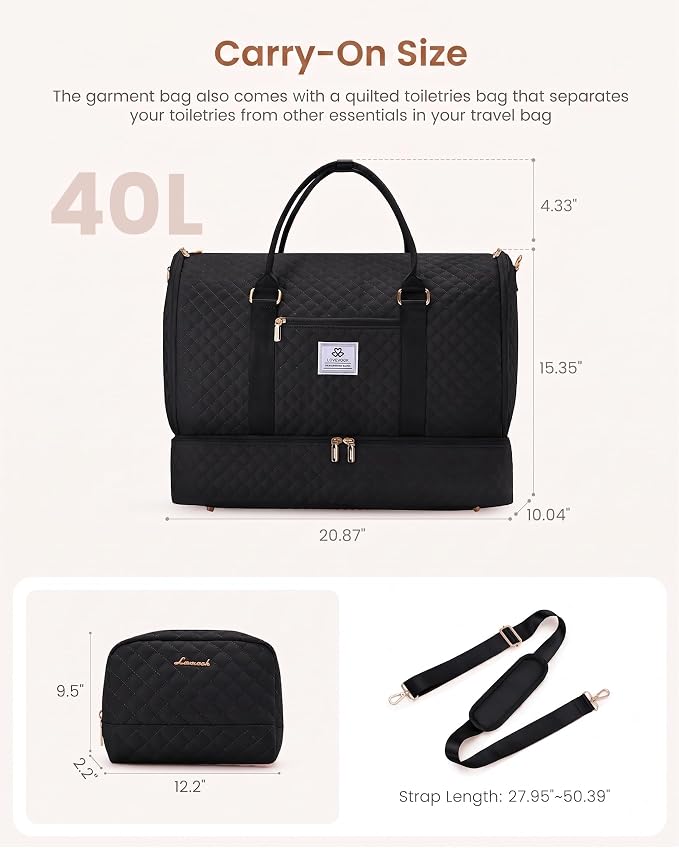 LOVEVOOK Convertible Garment Bag for Travel with Shoe Compartment, Carry On Garment Duffel Bag with Toiletry Bag, 2 in 1 Hanging Suitcase Suit Bag, Weekender Bag for Women Travel, Wedding, Black - Image 2