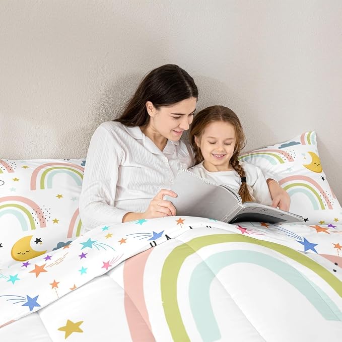 Erosebridal Girls Rainbow Quilt King Size, Cute Stras Moon Comforter Set Cartoon Kawaii Bedding Set for Kids Boys Room Decor, Cartoon Rainbow Ripple Duvet Insert Iridescent Girly Down Comforter 3Pcs - Image 5