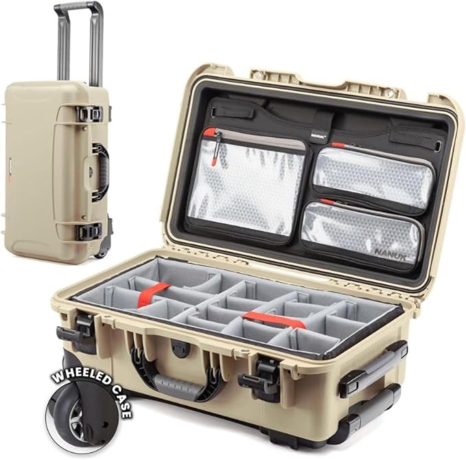 NANUK 935 Pro Photo Kit – Waterproof Travel Camera Hard Case with Padded Dividers and Wheels, 22” x 14” x 9” - Dustproof and Impact Resistant, Airline Carry-On Approved – Desert Tan by NANUK