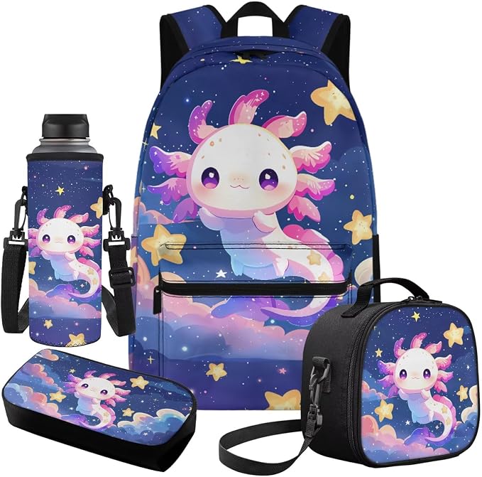 Axolotl School Bags for Girls 7-10 10-12 Galaxy Stars Backpacks for Girls with Lunch Box Pencil Case Water Bottle Holder 4-Piece Elementary School Essentials for Teens Student Bookbag Set - Image 2