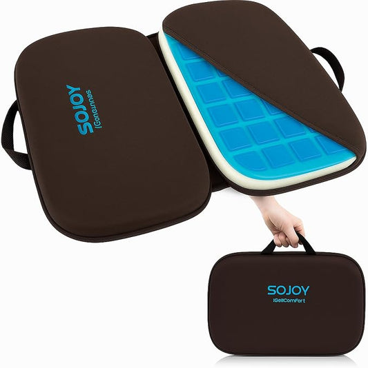 Sojoy 3-in-1 Foldable Gel Seat Cushion with Memory Foam Ergonomic Portable Cushion for Back Pain & Tailbone Relief - Perfect for Office Chair, Airplane Travel & Stadium Seats (18.5" x 15" x 2" Brown) by Sojoy