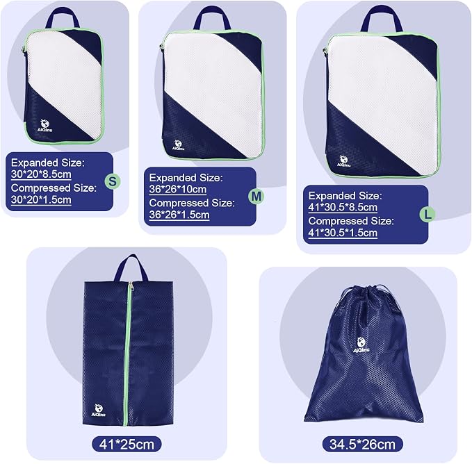AiQInu Packing Cubes Compression, Pack of 5 Packing Bags, Compression Suitcase Organiser Set with Laundry Bag and Shoe Bag, Ultralight, Expandable, Travel Pack Organiser for Hand Luggage (Dark Blue) - Image 4