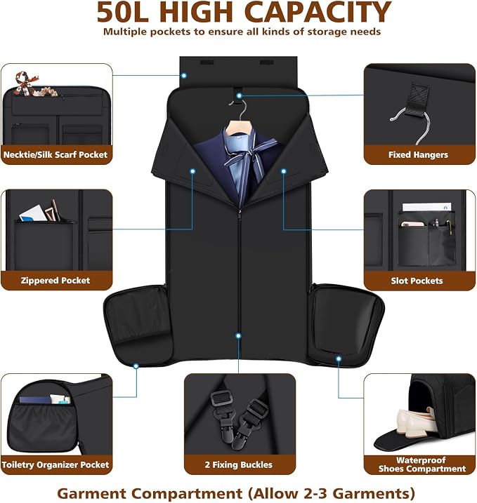 Rolling Garment Bags for Travel - Carry on Convertible Garment Duffle Bags with Wheels for Men Women, 4 in 1 Large Travel Duffel Bags with Shoes Compartment Hanging Suit Dress Weekender Bag 4pcs Set - Image 2