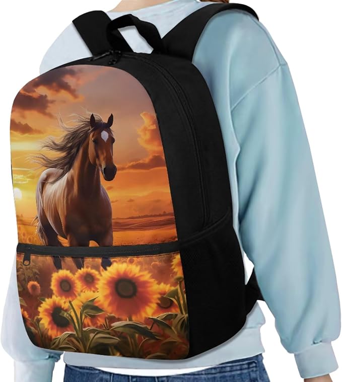 Sunflower Horse Backpack for Girls Kids Backpack with Lunch Box Water Bottle Carrier with Strap and Soft Pencil Case 4PCS Set Bookbag with Front Pocket for School Teens 17" Large School Bag - Image 2
