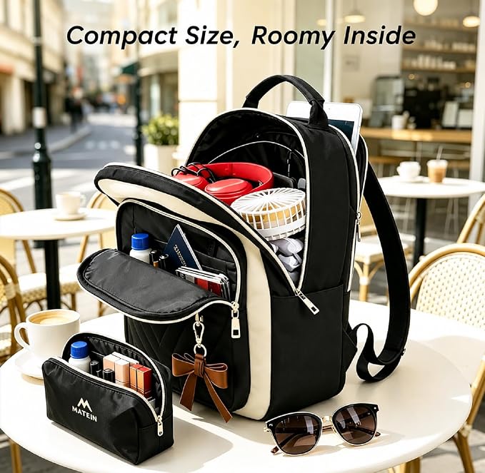 MATEIN Mini Backpack Purse for Women, Small Daypack, 2pcs Sets, Black-Beige | Waterproof Fashion Cute Backpack, Casual Daily Shoulder Bag Handbags, Ladies Girls Bookbag, for Travel Work School College - Image 4