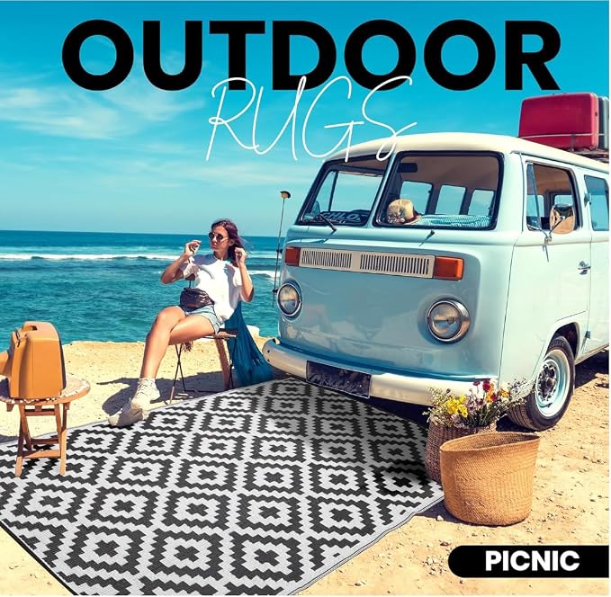 Outdoor Rugs, Outdoor Plastic Straw Rug, Reversible Waterproof Carpet for Camping, Poolside, Garden, BBQ Area, Gazebo Flooring, RV Park & Beach, Square Pattern, Black & White, 5'x8' - Image 5