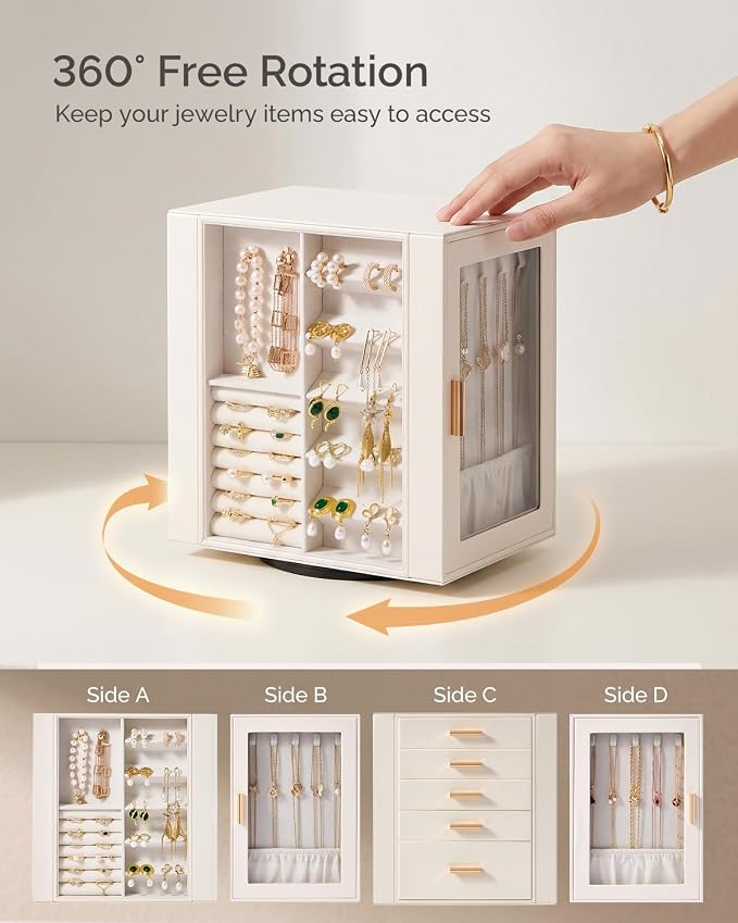 CASEGRACE 360° Rotating Jewelry Box Organizer, Jewelry Storage with 5 Drawers, Clear Window, Jewelry Display Case for Bracelets, Necklaces, Earrings, Rings, White - Image 2