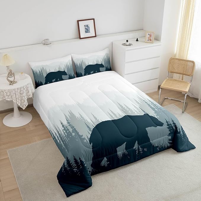 Woodland Comforter Set for Kids Boys Girls Teens,Bear Wild Animal Silhouette Bedding Set Twin Size,Natural Tree Down Comforter Home Room Decor,Misty Mountain Quilted Duvet Warm with 1 Pillow Sham - Image 3