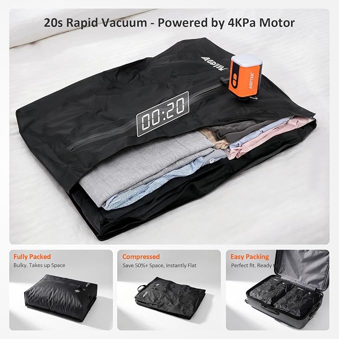 AGPTEK Travel Vacuum Bags with Mini Pump, IP67 Waterproof 2PCS Compression Bags for Carry on Luggage and Backpack, Electric Air Pump with 5 Nozzles & LED Light, Vacuum Seal Packing Cubes for Clothes - Image 8
