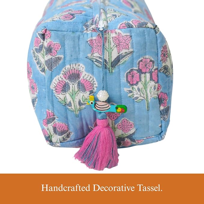 Saffron Marigold Quilted Makeup Bag Set of 3, Hand Block Printed Cotton Cosmetic Bags for Women, Waterproof Lined Travel Toiletry Bag, Coquette Floral Aesthetic, Handmade Gift, Denim Rose - Image 6