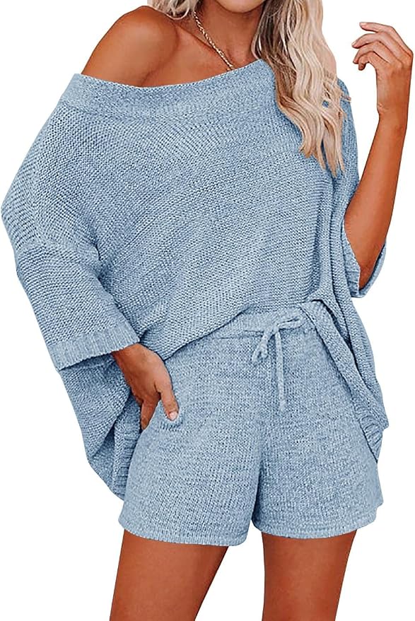 Ermonn Womens 2 Piece Outfits Sweater Sets Off Shoulder Knit Tops Waist Short Suits Casual Pajama Set by Ermonn