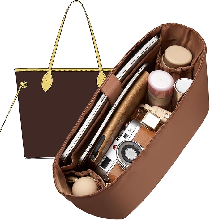 Doxo Purse Organizer Insert for LV Neverfull MM, Premium Nylon Bag Organizer with YKK Zipper & Laptop Sleeve & Bottle Holder, Multi Compartments Lightweight Waterproof Handbag Interior Divider, Brown by Doxo