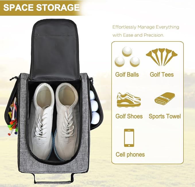 Goloni 2Pcs Golf Shoe Bag for Men & Women, Padded Travel Shoe Bag with Side Accessory Pockets,Sport Shoe Carrier for Golf Shoes,Socks,Tees & Balls,Durable & Lightweight Design(Black+Gray) - Image 2
