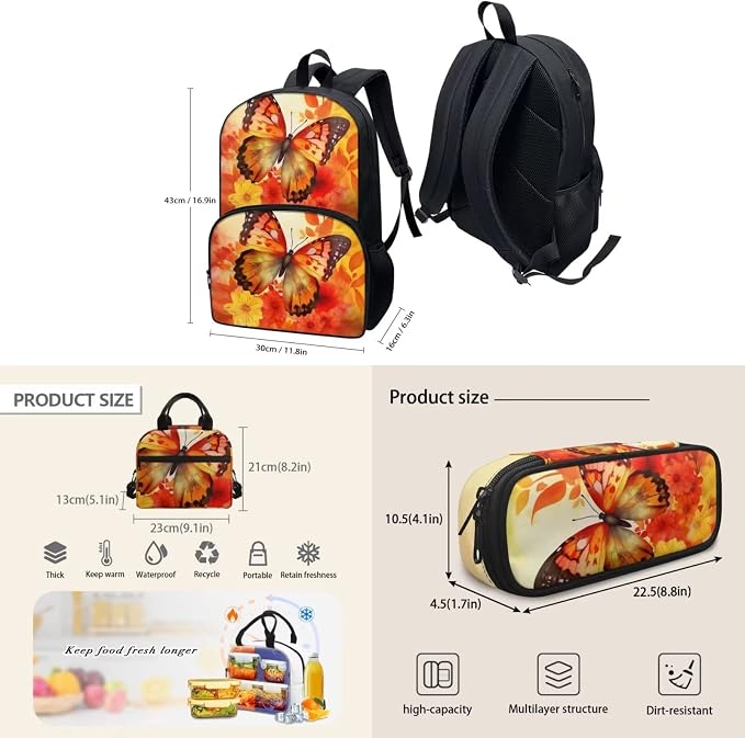 Orange Floral Butterfly Backpack Set for Girls Kids Lightweight Cute School Backpack with Lunch Box Pencil Case Adjustable Strap Padded Book Bag Insulated Lunch Bag - Image 4