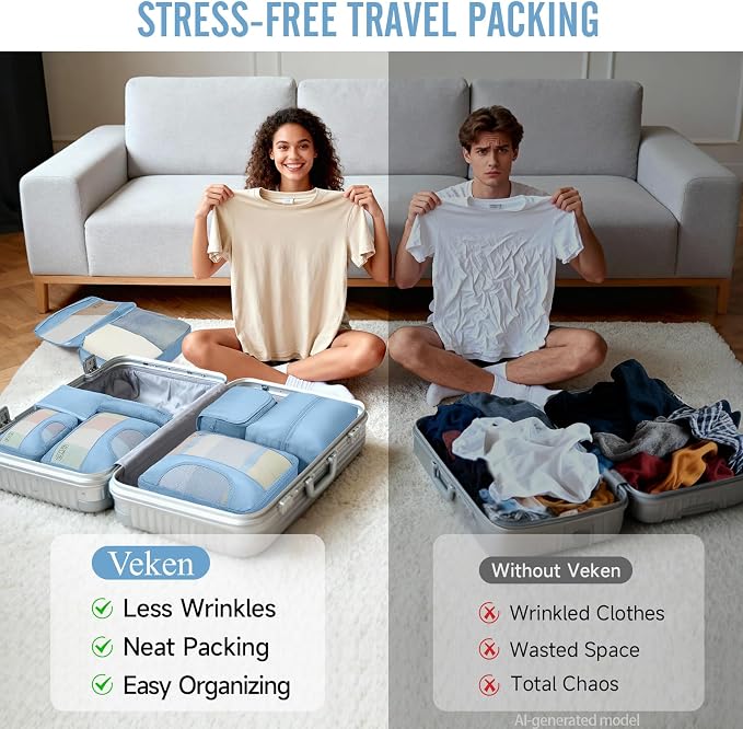 Veken 8 Set Packing Cubes for Travel Essentials,Anti-Wrinkle Buckled Suitcase Organizer for Shoe & Toiletry Bag,Carry On Luggage Bag with 99+ Count Mesh Holes for Airplane & College Dorm Accessories - Image 7