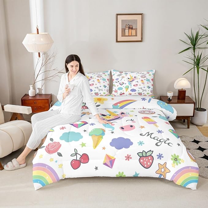 Unicorn Comforter Set For Kids, Strawberry Cherry Bedding Set Fantasy Rainbow Duvet Insert For Girls Boys Children Bedroom Decor, Cartoon Animal Dessert Duvet Sets With 1 Pillow Case, Twin Size - Image 2