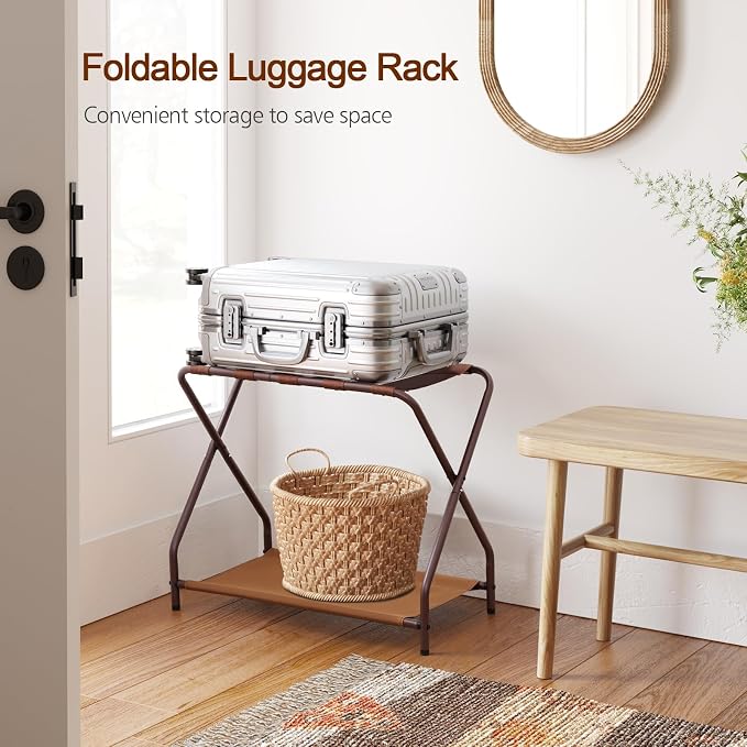 AMHANCIBLE Luggage Rack, Set of 2, Foldable Suitcase Stands for Guest Room, Metal Luggage Holder with Storage Shelf for Bedroom, Hotel, Easy Assemble, Bronz HLR02BZ - Image 3