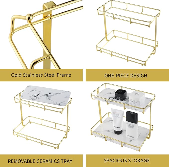 Bathroom Organizer Countertop Perfume Organizer Makeup Organizer Cosmetics Storage Display Rack Vanity Tray Dresser Stainless Steel Gold Shelf White Marble Ceramic Tray - Image 3