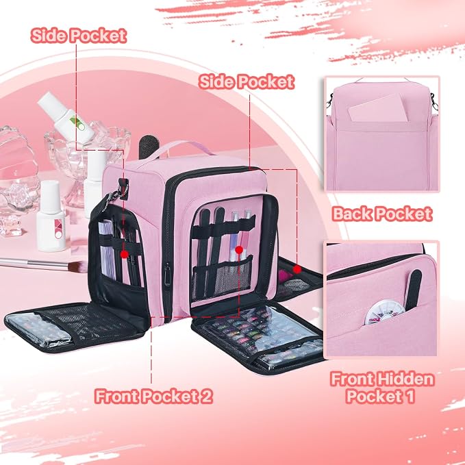 Nail Polish Organizer Case Hold 90 Bottles with 3 Detachable Bag,Pink | Portable Travel Storage Box Designed for Women's Nail Tools, Essential Oils and Cosmetics Sets - Image 5
