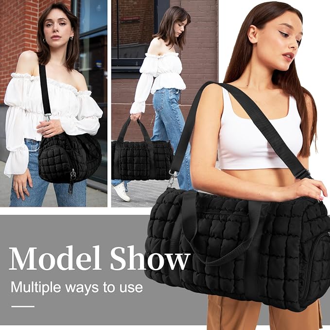 Quilted Travel Duffle Bag Gym Bag for Women,Large Puffer Duffle Weekender Bag with Compartment,Workout Overnight Carry on Organizer Bag Duffle Bag for Airplane Travel(Black) - Image 4