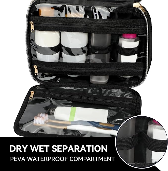 Voova Hanging Travel Toiletry Bag for Women Men, Waterproof Makeup Cosmetic Organizer Holder for Toiletries Accessories, Traveling Essentials,Shampoo,Full-Sized Container, Brushes Kit Set, Black - Image 7