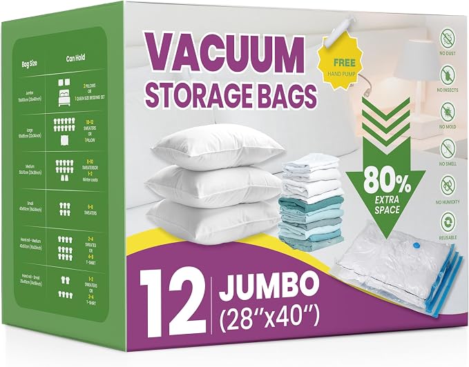 InfiniPower Vacuum Storage Bags (12 Jumbo) 80% Space Saver with Travelling Pump for Quilts and Blankets by InfiniPower