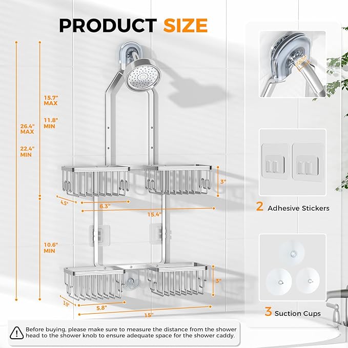 REINHARDT Aluminum Shower Caddy Hanging Adjustable Shower Caddy, Rustproof Hanging Shower Organizer with Hooks Soap Holders, Over Shower Head Caddy for Handheld Showerhead, Silver - Image 6