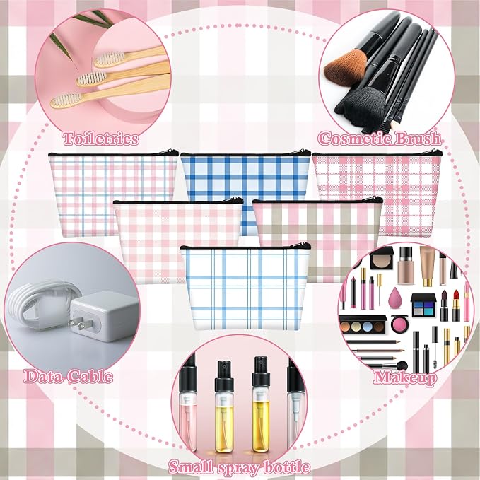Sweetude 12 Pcs Pastel Plaid Makeup Bag Bulk Buffalo Plaid Portable Travel Cosmetic Bag with Zipper Preppy Checkered Waterproof Roomy Travel Toiletry Organizer Storage Beauty Pouch for Women Gifts - Image 3
