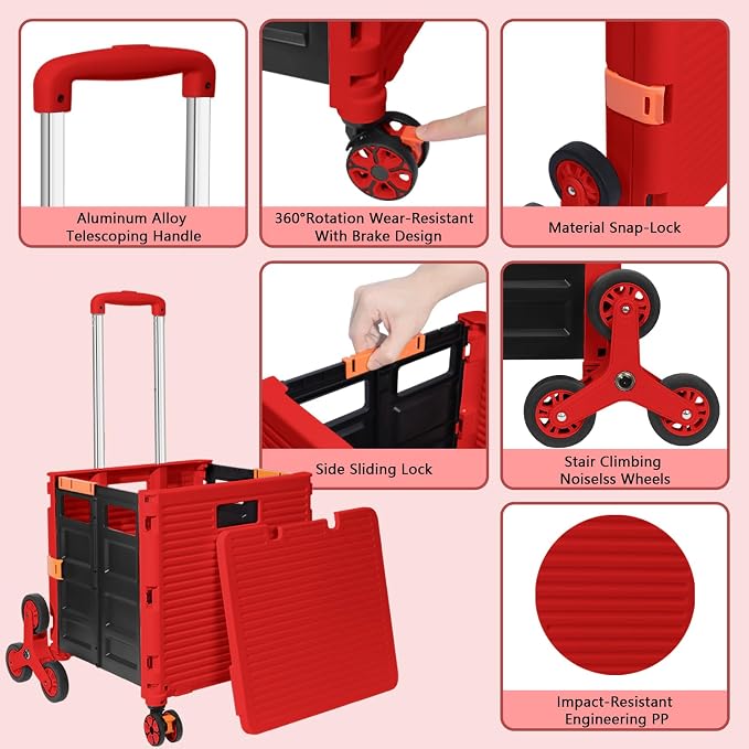 FELICON SELORSS Folding Utility Climber Cart Portable Rolling Crate-Red | Stair Climbing Wheels+360°Swivel Wheels,Telescoping Handle,Plastic Box Dolly for Travel Shop Move Laundry Office Teacher Use - Image 2