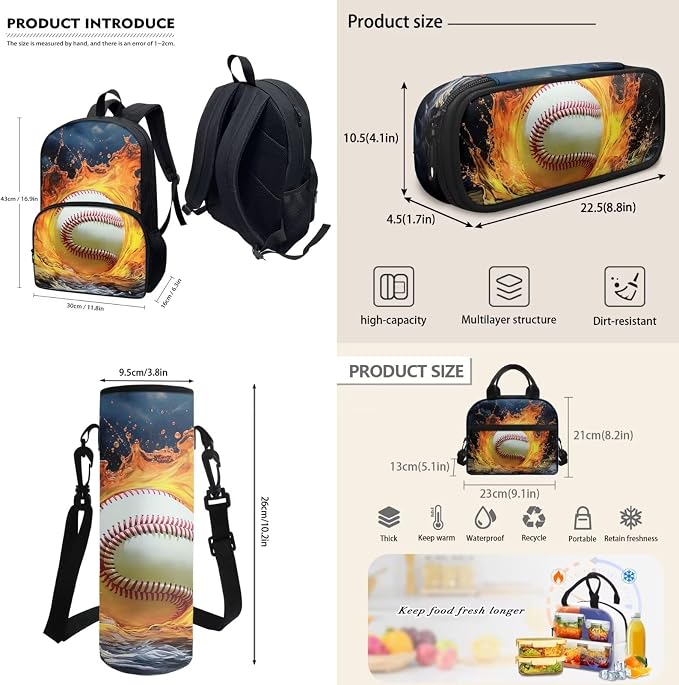 Baseball Fire Water Blue Travel School Bag Set of 4, 17 Inch Laptop Bookbag School Bag Daypack Insulated Lunch Bag Shoulder Crossbody Handbags Pen Carrying Case for Little Girls Boys - Image 3