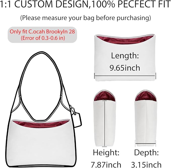 Dupont Paper Brooklyn 28 Bag Insert, Lightweight Purse Organizer for Coach Brooklyn 28 Shoulder Bags, Handbag Inner Divider Shaper with Elastic Cup Holder Smooth Zipper, White&Merlot - Image 2