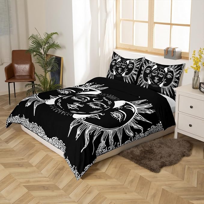 Erosebridal Mandala Duvet Cover Full Sun and Moon Decor Comforter Cover Set with Zipper Ties Boho Exotic Style Black and White Bedding Set Botanical Floral Decor Duvet Cover for Adult Women Teen Men - Image 6