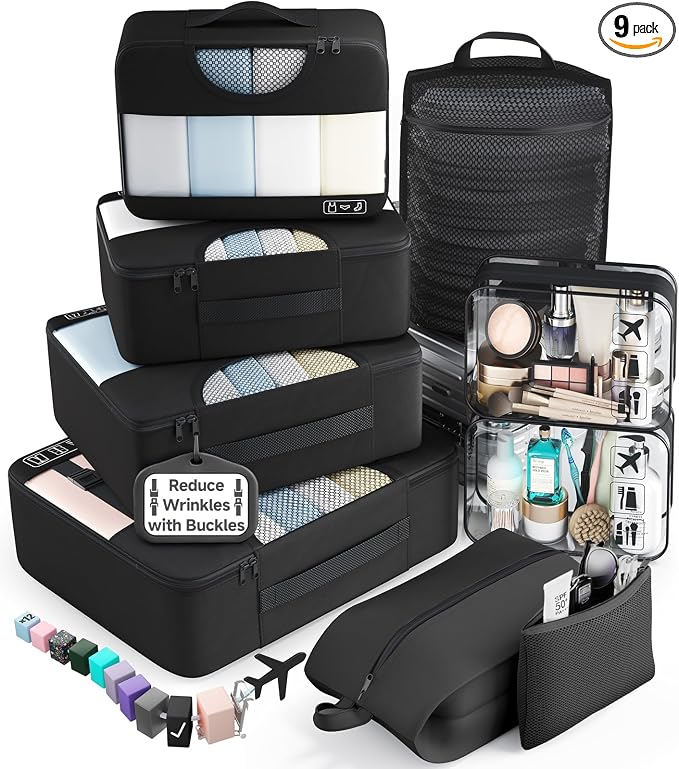 Veken 9 Set Packing Cubes for Travel,Anti-Wrinkle Buckled Suitcase Organizer with Shoe,Toiletry,Makeup Bag,Carry On Luggage Bag with 99+ Count Mesh Holes for Airplane & College Dorm Essentials by Veken