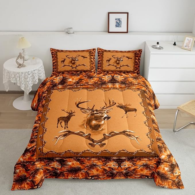 Erosebridal Hunting Animal Comforter Set for Kids Boys Girls Rustic Deer Elk Moose Bedding Set Twin Vintage Orange Jungle Quilt Farmhouse Down Comforter with 1 Pillow Sham Cabin Lodge Decor - Image 2
