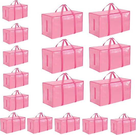 16 Pack-Extra Large Heavy Duty Moving Bags - Waterproof Storage Totes with Handles & Zippers, Foldable for College Dorm, Storage (Pink) by Unknown
