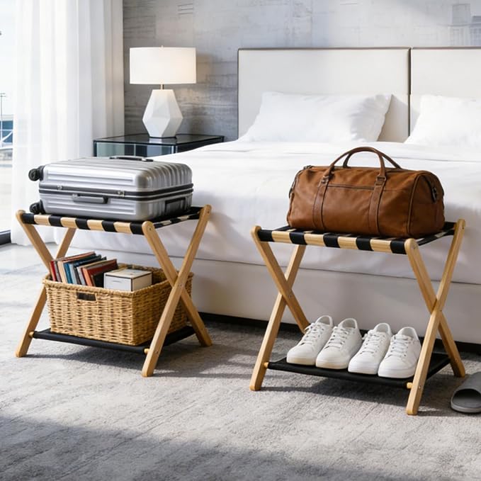 oakvivo Fully Assembled Luggage Racks Pack of 2, Bamboo Natural Foldable Luggage Rack for Guest Room, Suitcase Stand with Fabric Storage Shelf for Hotel, 5 Nylon Straps, 26.77" W x 16.93" D x 22.5" H - Image 6